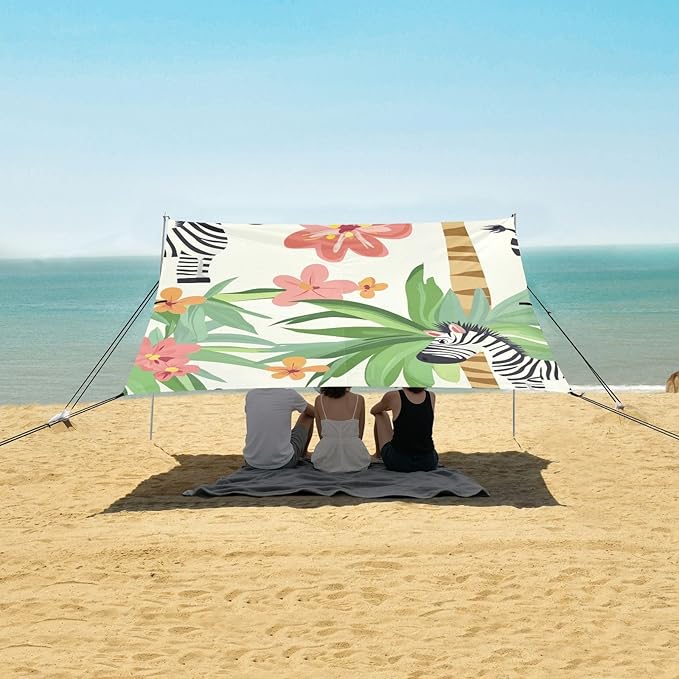 ALAZA Cute Cartoon Zebras Palm Trees Flowers Beach Tent Sun Shelter Portable Canopy Sunshade for Outdoor Camping Picnics Backyard Fun 10x9 ft