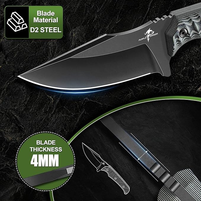 Purple Dragon Fixed Blade Knife - Full Tang Hunting Knife Forged from a Single Piece of D2 Steel - Camping Knives with G10 Handle and Kydex Sheath - Outdoor Gift for Men - Gray