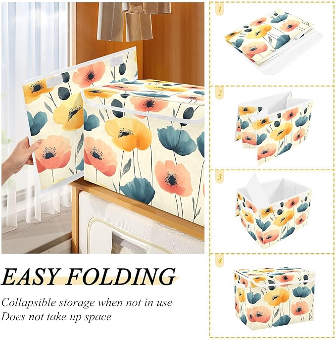 AIXIWAWA Lidded Storage Cube (Pattern Floral) Fabric Foldable Closet Bins with Flip Lid and Handles Organizer Basket Container 16.5 x 12.6 x 11.8 IN