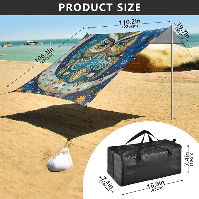 ALAZA Boho Owl Star Moon Beach Tent Sun Shelter Portable Canopy Sunshade for Outdoor Camping Picnics Backyard Fun 10x9 ft