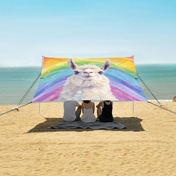 ALAZA Funny Llama Alpaca Rainbow Beach Tent Sun Shelter UPF50+ Protection Beach Shade Canopy w/ 4 Sandbags for Outdoor Camping Fishing Backyard Fun Picnic 10x9 ft