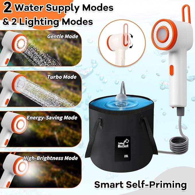 Portable Shower with Heater 2500mAh Rechargeable Portable Camping Shower Pump with Light 5 Gal Foldable Bucket Digital Display for Hiking Travel Pets &amp Car Washing Wartering Plants