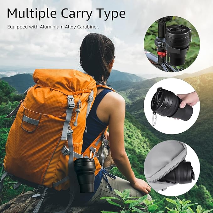 Collapsible Coffee Cup 2 Pack 16 OZ 480ml Silicone Travel Folding Cup Leak Proof BPA Free Portable Cup Travel mug with Lids for Camping hiking