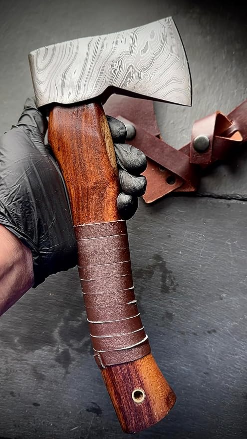 Damascus Steel Camping Hatchet Axe Tool Wood Splitting - Small Chopping Axe Hatchet with Sheath - Bushcraft Axe Camp Backpacking Hatchet - Forged Hand Axe Firewood Gardening Axes for Survival