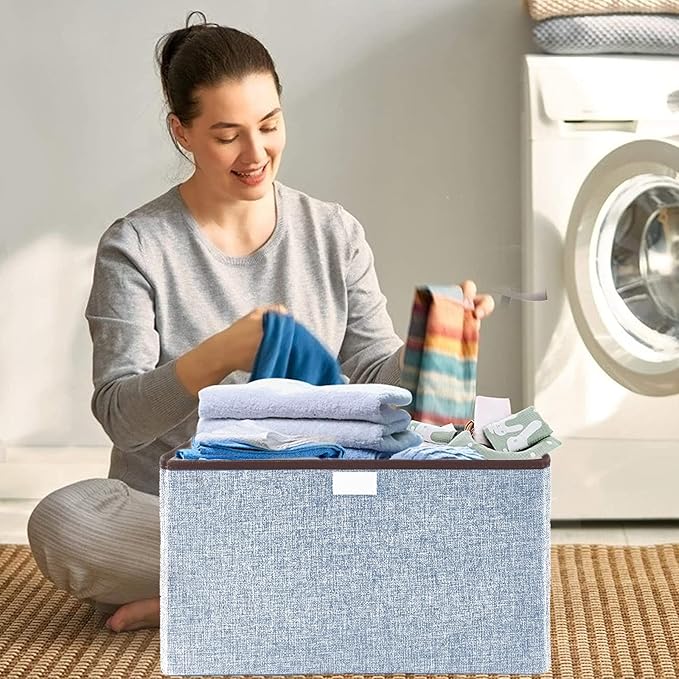 Bagnizer Foldable Storage Bins with Lids Decorative Storage Baskets Large Storage Boxes for Home Office Bedroom Closet Blue Medium 4 Pack 14.6 x 9.5 x 9.5”