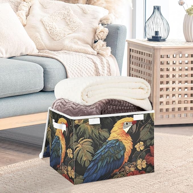 Storage Cube with Lid Jungle Parrot Print 16.5×12.6×11.8 IN Collapsible Large Capacity Foldable Storage Basket Bin Organizer