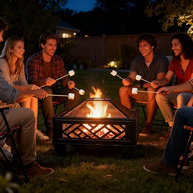 Breezz Update Version 26 Inch Wood Burning Fire Pit with Cooking Grill and Spark Screen Outdoor Metal Firepit for Patio Backyard Bonfire Party Camping and Garden