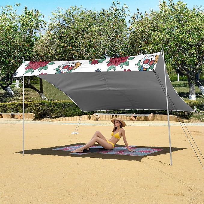 ALAZA Skull Flower Pattern Beach Tent Sun Shelter Portable Canopy Sunshade for Outdoor Camping Picnics Backyard Fun 10x9 ft