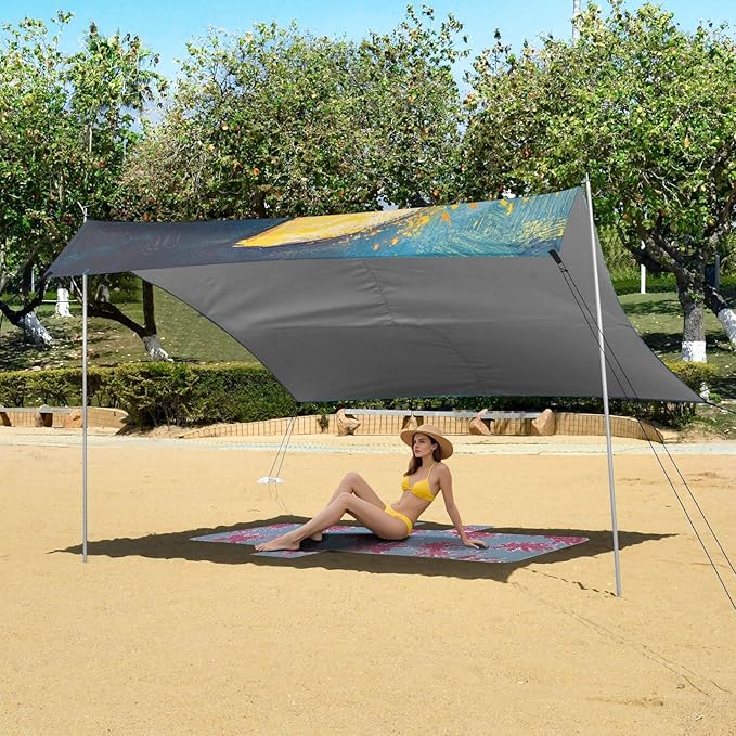 Cute Moon Beach Cabana UPF50+ Water-Resistant Large Portable Sun Shelter with Sand Pockets for Camping Picnics Backyard &amp Fishing