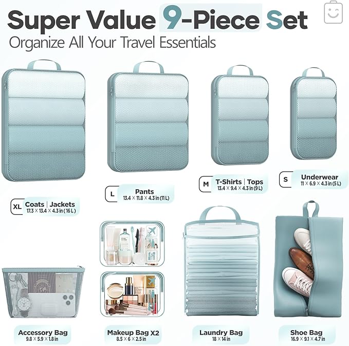 Veken 9/11 Set Compression Packing Cubes for Travel EssentialsCompressible Expandable Large Luggage Suitcase Organizer Bags for ClothingDurable Space Saver Storage Bags with Toiletry Bags(Blue Gray)