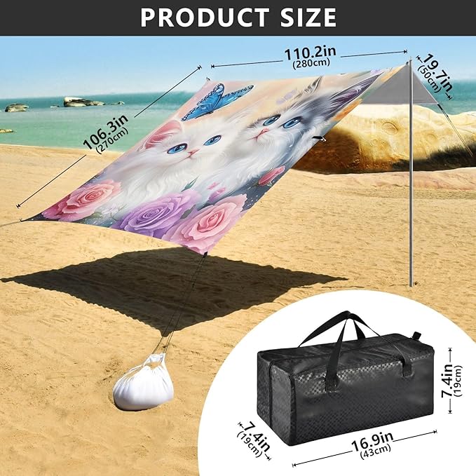 ALAZA Cats Butterfly Rose Kitten Beach Tent Sun Shelter UPF50+ Protection Beach Shade Canopy w/ 4 Sandbags for Outdoor Camping Fishing Backyard Fun Picnic 10x9 ft