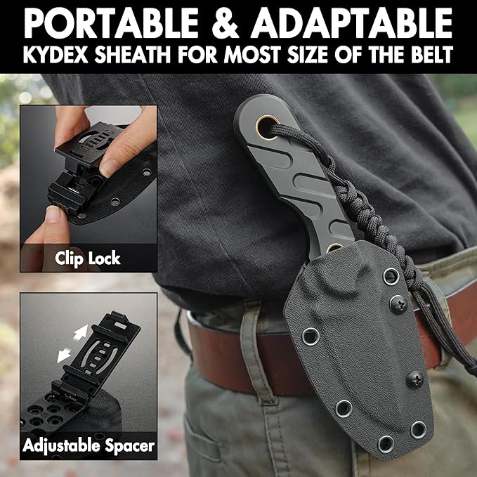 FLISSA Fixed Blade Knife 7 Inch Full Tang Hunting Knife with Kydex Sheath and Emergency Rope Tactical Knife for Survival Camping Hiking(Black) (Pack of 2)