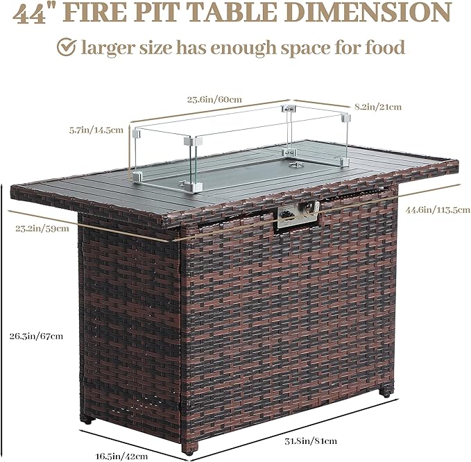 EortheX 44 Inch Propane Fire Pit Steel Gas Fire Feature Table with Iron LidGlass Rock Rain Cover and Tempered Glass Wind Guard for Outside Garden Backyard Deck Patio
