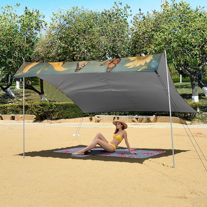 ALAZA Butterflies Sunflowers Watercolor Beach Tent Sun Shelter Portable Canopy Sunshade for Outdoor Camping Picnics Backyard Fun 10x9 ft