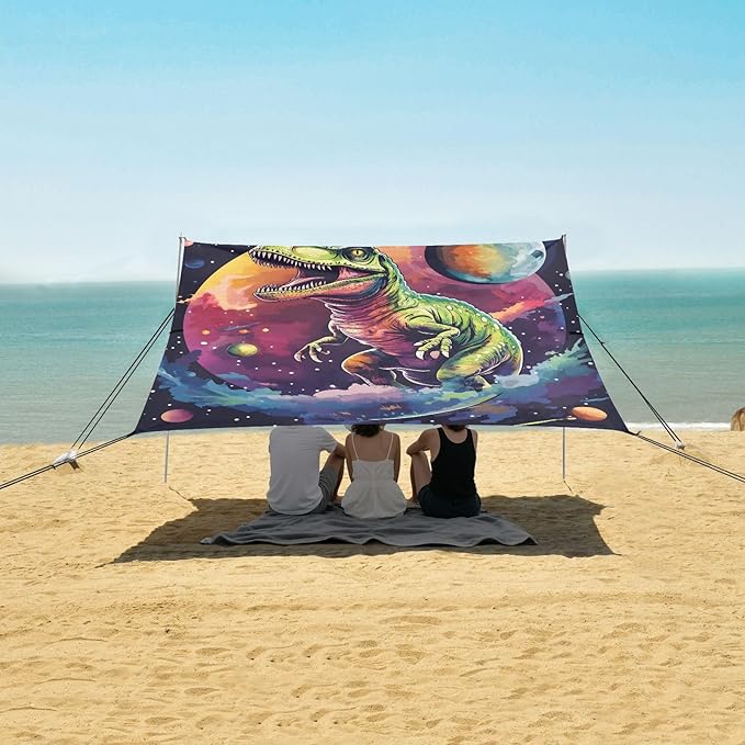 ALAZA Colorful Space Planet Dinosaur Beach Tent Sun Shelter Portable Canopy Sunshade for Outdoor Camping Picnics Backyard Fun 10x9 ft