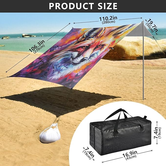 ALAZA Colorful Fox Beach Tent Sun Shelter Portable Canopy Sunshade for Outdoor Camping Picnics Backyard Fun 10x9 ft