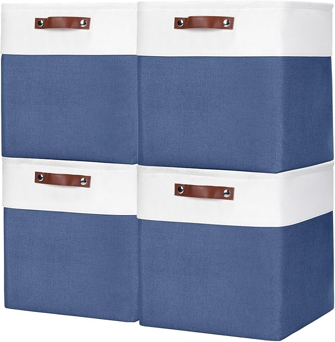 13x13 Cube Storage Bins Collapsible Fabric Storage Box 4 Pack Closet Baskets with Handles for Organizing Shelf Toys Clothes Home Office Nursery (NavyBlue&ampWhite)