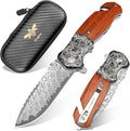 Zingbee Pocket Knife with Glass Breaker EDC Damascus Folding Knife with Seatbelt Cutter 3.35 VG10 Damascus Steel Blade Multitool Pocket Knives with Wood Handle