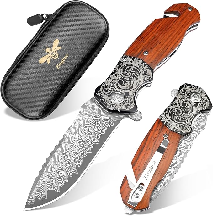 Zingbee Pocket Knife with Glass Breaker EDC Damascus Folding Knife with Seatbelt Cutter 3.35 VG10 Damascus Steel Blade Multitool Pocket Knives with Wood Handle