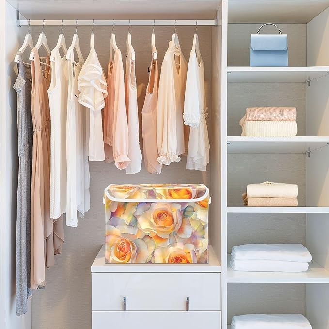 Aesthetic Floral Orange Storage Cube Bins Basket with Lid Collapsible Flip-top Fabric with Handle for Home Bedroom Closet Office 16.5×12.6×11.8 in