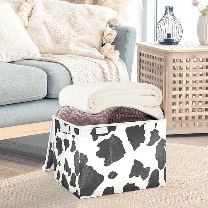 Collapsible Storage Bins with Lids Decorative Fabric Storage Cubes Closet Organizer and Storage Basket Boxes Containers for Clothes Box Chest Nursery Folding Rectangle Classic Cow Print
