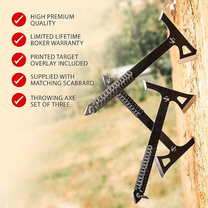 BÖKER PLUS® Mohican - Throwing Axe Set of 3 Black - Double Axe Made of 3Cr13 Steel with Sheath - Bushcraft Camping Outdoor &amp Survival Axe - Hatchet Axe Kit for Throwing Training