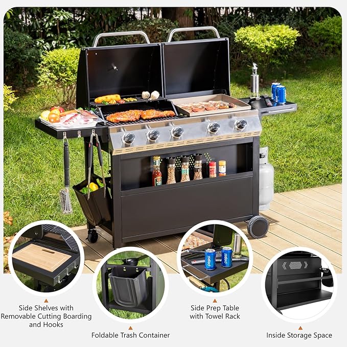 Sophia &amp William Propane Gas Grill and Griddle Combo with Porcelain-Enameled Cast Iron Grates Dual Outdoor BBQ Grill with Flat Top Griddle for Barbecue 696 SQ.IN. Cooking Area