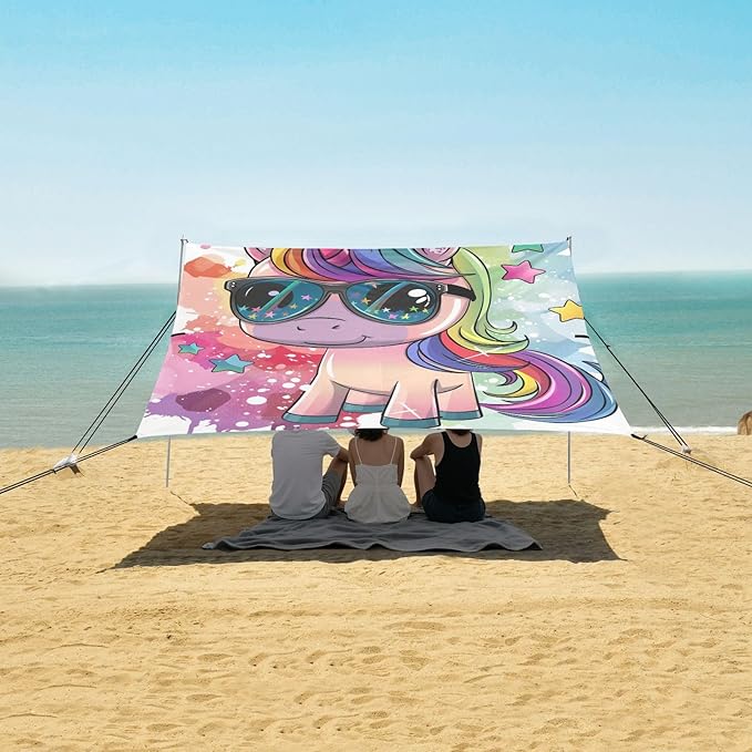 ALAZA Unicorn Horse with Rainbow Sparkles Star Beach Tent Sun Shelter Portable Canopy Sunshade for Outdoor Camping Picnics Backyard Fun 10x9 ft