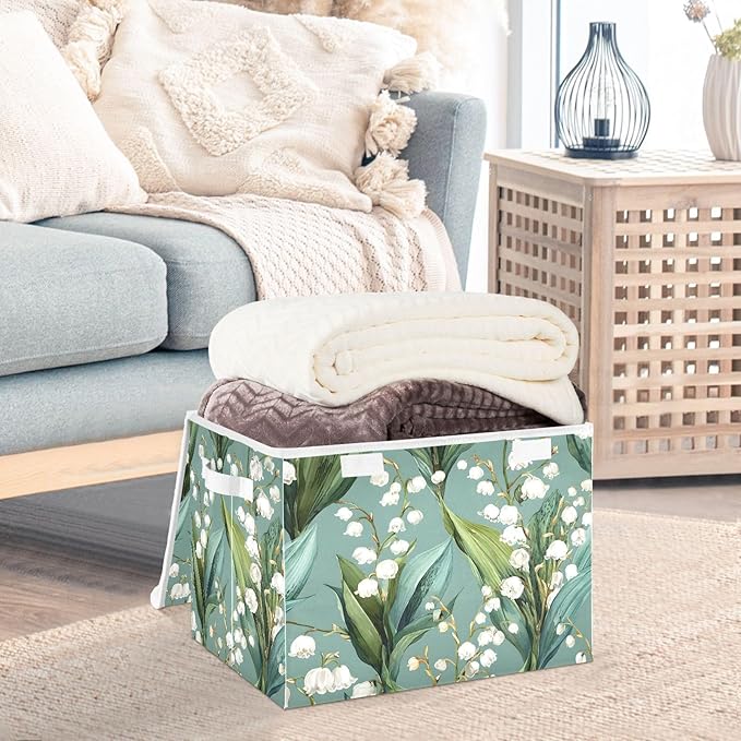 susiyo Large Foldable Storage Bin with Flip-Top Lid Lily Of The Valley Storage Box Collapsible Closet Organizer Containers Boxes Decorative Baskets with Handles for Home Bedroom Living Room Office