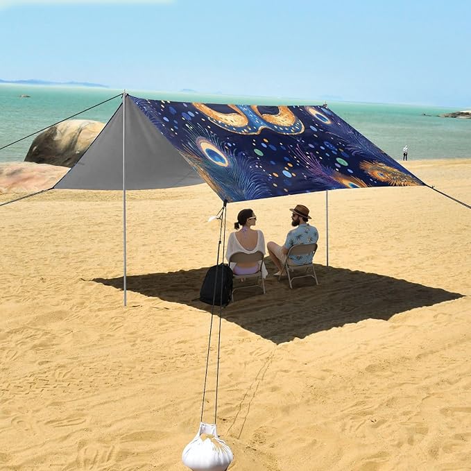 Mardi Gras Peacock Feather Mask Beach Tent Sun Shelter Set UPF50+ UV Protection 10.5 x 9.19 FT Camping Shade Canopy with Sandbags Sand Anchors Carrying Bag and Others
