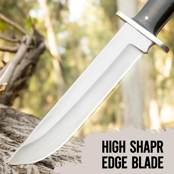 D2 13 Inch Full Tang Fixed Blade Bowie Knife with Leather Sheath - Suitable for Outdoor Bushcraft Survival and Camping Knife with Black Micarta Handle