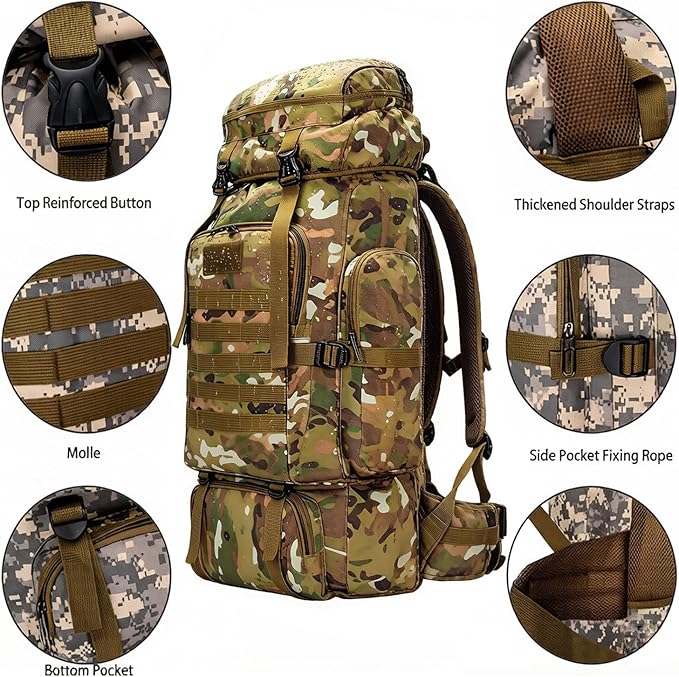 80L Camping Hiking BackpackMolle Military Tactical Rucksack BackpackWaterproof Lightweight Hiking Backpack for Outdoor (CP Camo 80L)