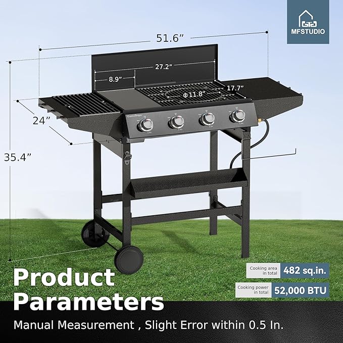 MFSTUDIO Propane Gas Grill and Griddle Combo 4-Burner Propane Grills with Porcelain-Enameled Cast Iron Grates 482 SQ.IN. Cooking Area 52000 BTU High Output for Outdoor Patio Barbecue and Meals