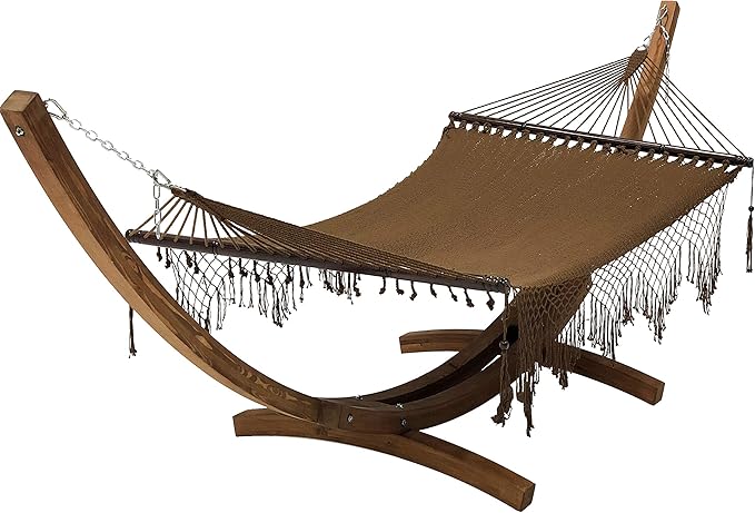 14 Ft. Wooden Arc Hammock Stand + Deluxe Hand Woven Bohemian Chic Rope Hammock Bed. 2 Person Bed. 450 LB Capacity(Teak Stain/Brown)
