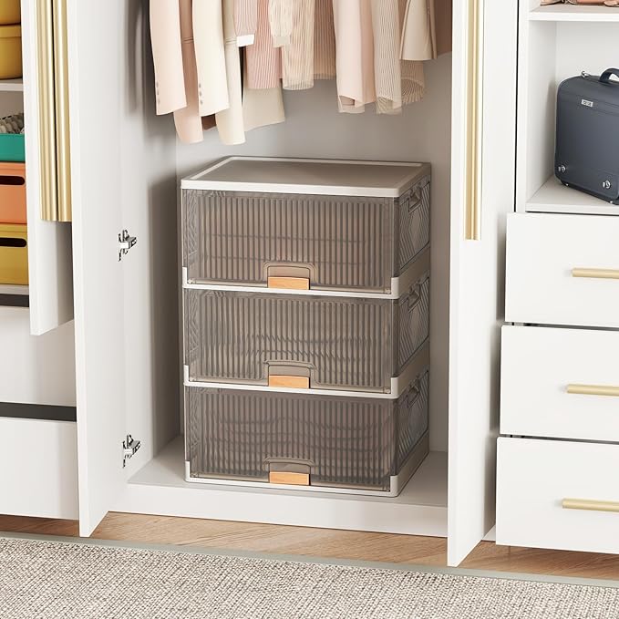 Giantex 3 Tier Stackable Storage Bins with Lids 13.5 Gal Foldable Shoe Storage Box with Detachable Wheels &amp Flip-Up Doors Collapsible Closet Organizers and Storage Bins