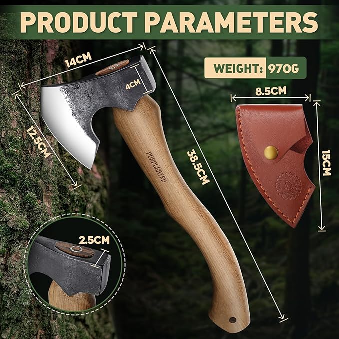 PURPLEBIRD Hatchet Axe with Sheath for Camping 15 Inch Bushcraft Axe Carbon Steel Chopping Axes Wood Handle Splitting Axes Hand-Forged Camping Hatchet for Carving Bushcraft Outdoor Forest Garden