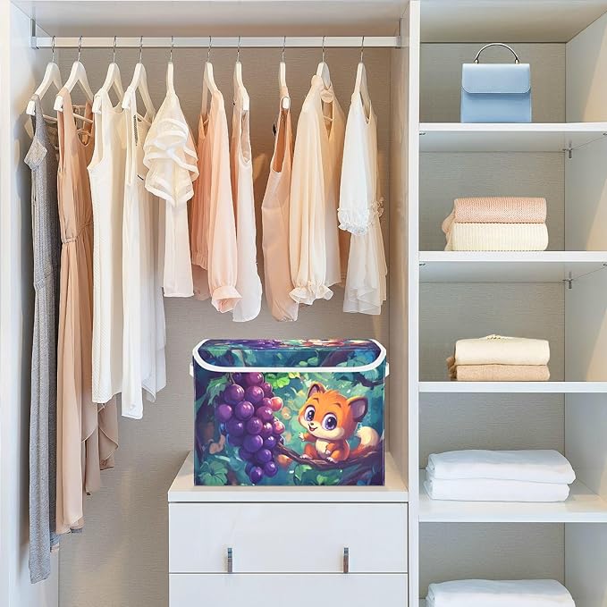 Collapsible Storage Bins with Lids Decorative Fabric Storage Cubes Closet Organizer and Storage Basket Boxes Containers for Clothes Box Chest Nursery Folding Rectangle Cute Grape Fox