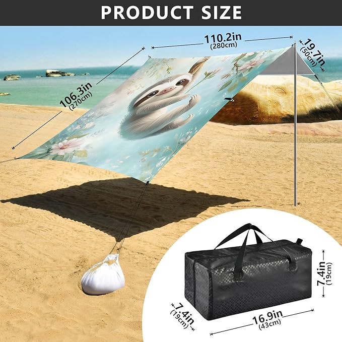 ALAZA Cute Sloth Animal Daisy Beach Tent Sun Shelter UPF50+ Protection Beach Shade Canopy w/ 4 Sandbags for Outdoor Camping Fishing Backyard Fun Picnic 10x9 ft