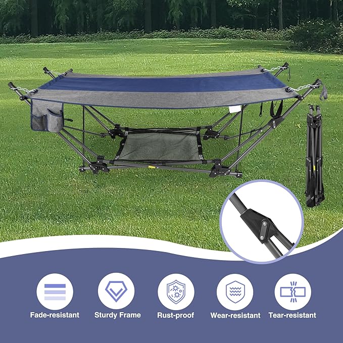 RedSwing Portable Folding Hammock with StandFoldable Camping Hammock with Removable PillowStorage NetFoldable Lounge Camping Bed for Adults for OutdoorBackyardBeachGardenLawn