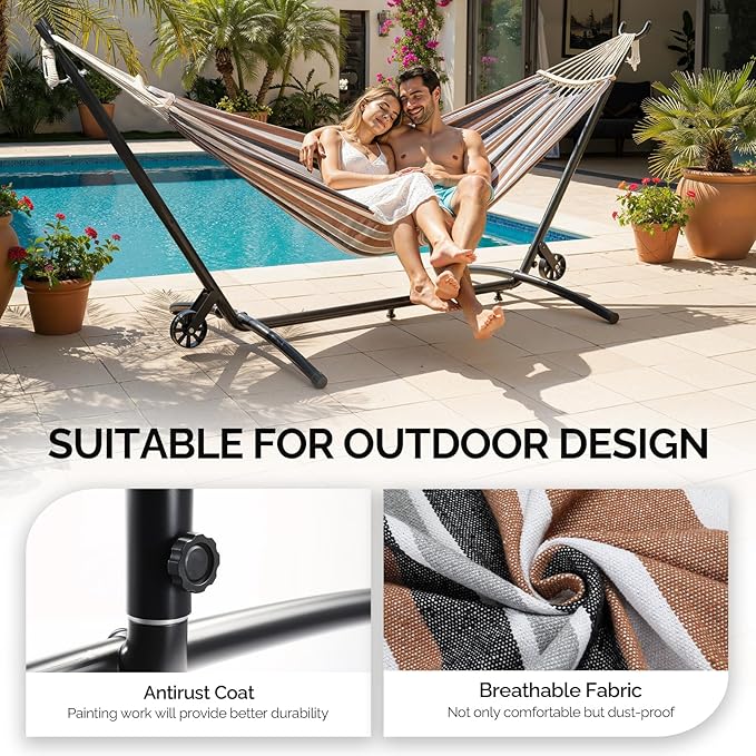 ONCLOUD Outside Hammock with Stand Portable Hammock Set with Wheel for Camping Backyard Heavy Duty Hammock with Carry Bag&amp2 Wooden Combs 440LBS Coffee Brown