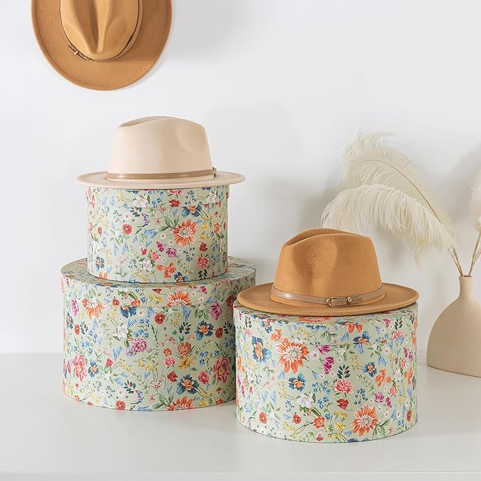 Soul &amp Lane Botanica Bliss Green Round Hat Boxes with Lids - Set of 3 Nesting Cardboard Hat Storage Boho Floral Print Cases Circle Stacking Decorative Keepsake Boxes