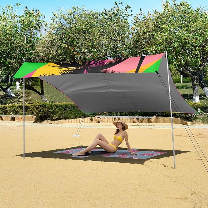 Beach Canopy with Windproof Ropes &amp Sandbags Beach Tent Sun Shade Sun Shelter for Camping Trips Fishing Backyard Fun or Picnics Palm Tree