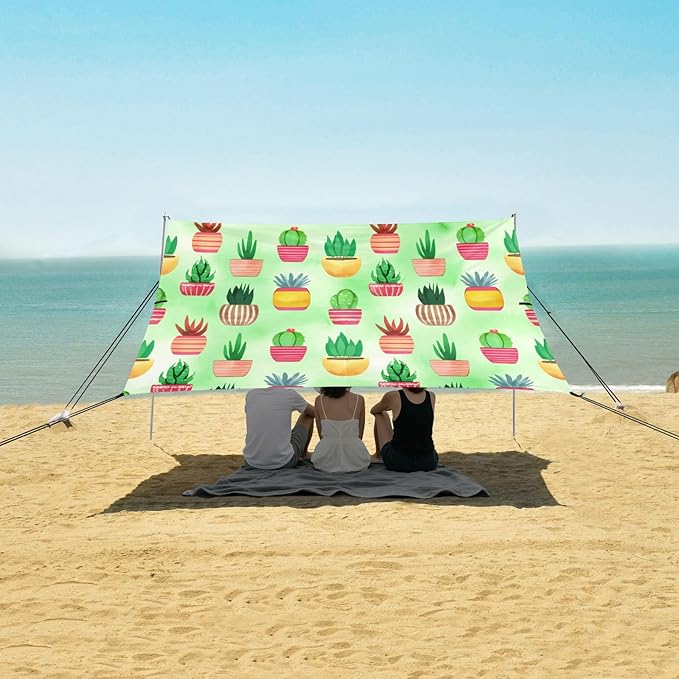 xigua Potted Plant Beach Tent Sun Shelter with Carrying Bag - Silver Coated Oxford Fabric Beach Canopy for Beach Camping Fishing - Includes Windproof Ropes Sandbags &amp Stakes