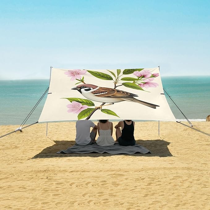 xigua Bird Beach Tent Sun Shelter with Carrying Bag - Silver Coated Oxford Fabric Beach Canopy for Beach Camping Fishing - Includes Windproof Ropes Sandbags &amp Stakes