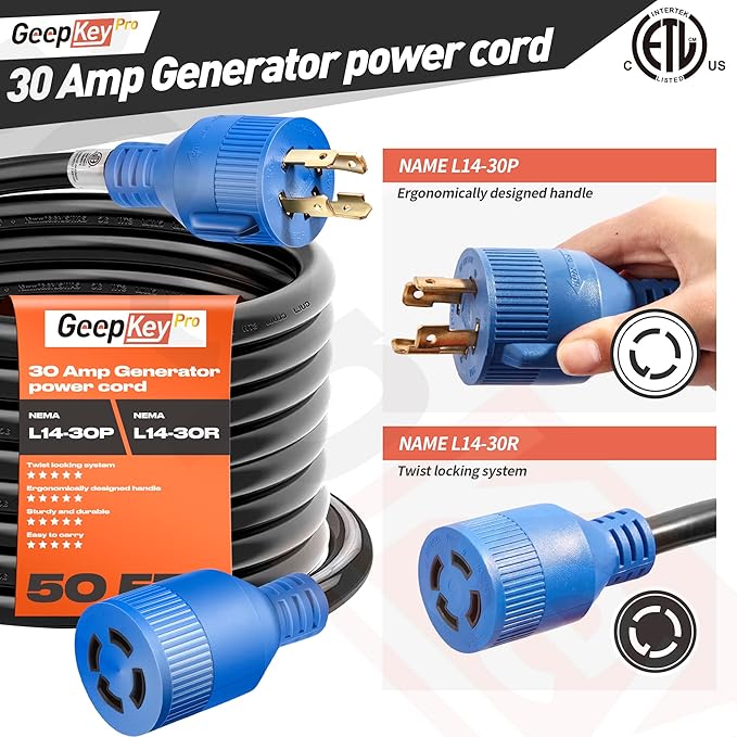 30 Amp Generator Cord and Power Inlet Box [Pre-Drilled] 50FT Generator Cords 30 Amp125/250 Volt 7500 Watts Generator Power Cord NEMA L14-30P PB30 Twist Lock Connector