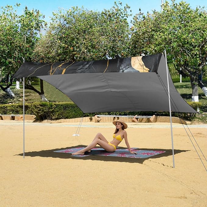 ALAZA Gold &amp Black Marble Beach Tent Sun Shelter UPF50+ Protection Beach Shade Canopy w/ 4 Sandbags for Outdoor Camping Fishing Backyard Fun Picnic 10x9 ft