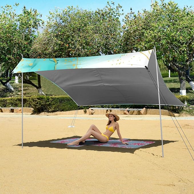Beach Canopy with Windproof Ropes &amp Sandbags Beach Tent Sun Shade Sun Shelter for Camping Trips Fishing Backyard Fun or Picnics Textures