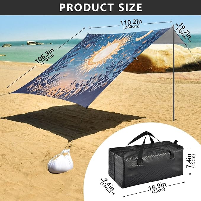 Sun Moon Art Beach Tent Sun Shelter Set UPF50+ UV Protection 10.5 x 9.19 FT Camping Shade Canopy with Sandbags Sand Anchors Carrying Bag and Others