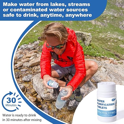 Water Purification Tablets (100 Count) - Water Tablets Purification for Drinking for Camping Boating Hiking Backpacking Emergencies - Portable Water Treatment for Safe Drinking Anywhere
