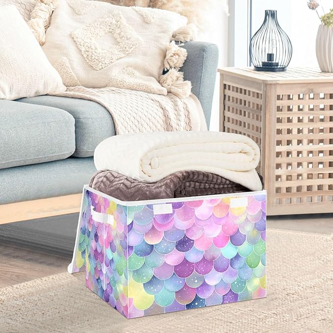 Collapsible Storage Bins with Lids Decorative Fabric Storage Cubes Closet Organizer and Storage Basket Boxes Containers for Clothes Box Chest Nursery Folding Rectangle Purple Mermaid Scale